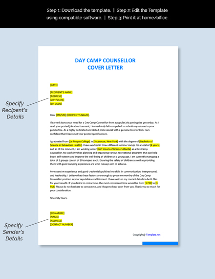 Day Camp Counsellor Cover Letter Template