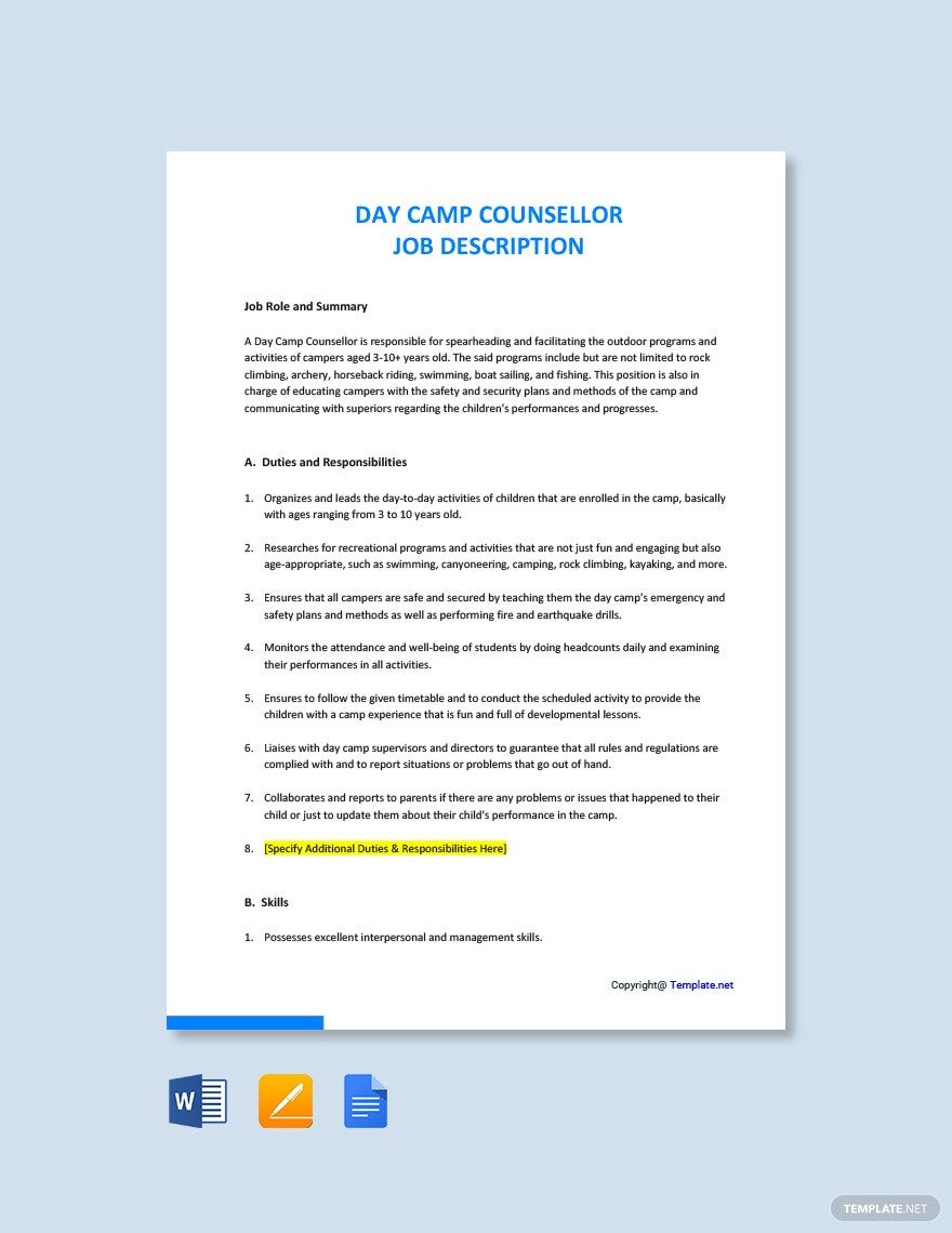 Day Camp Counsellor Job Ad/Description Template