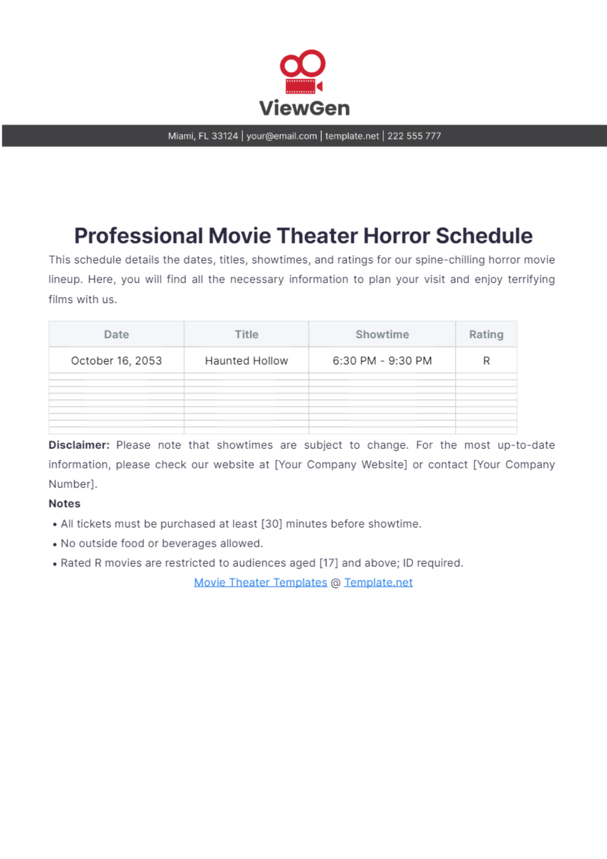 Professional Movie Theater Horror Schedule Template - Edit Online & Download