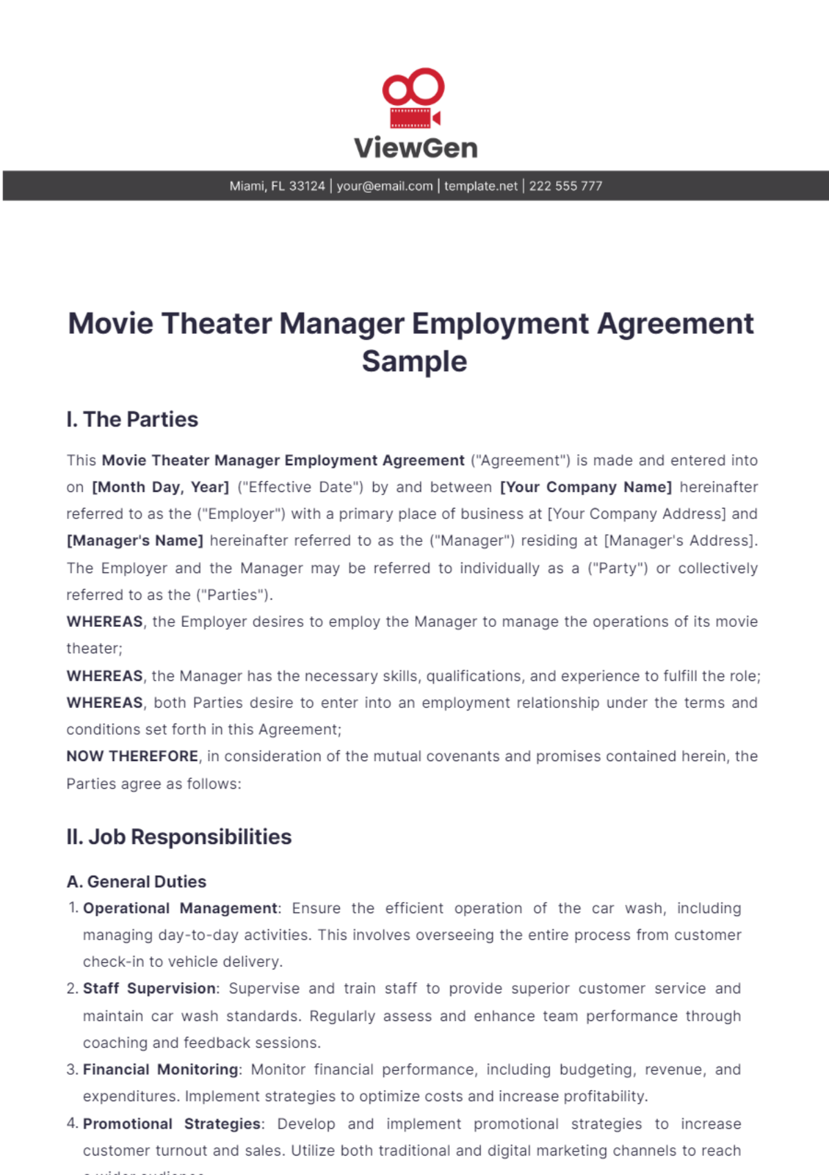 Movie Theater Manager Employment Agreement Sample Template - Edit Online & Download