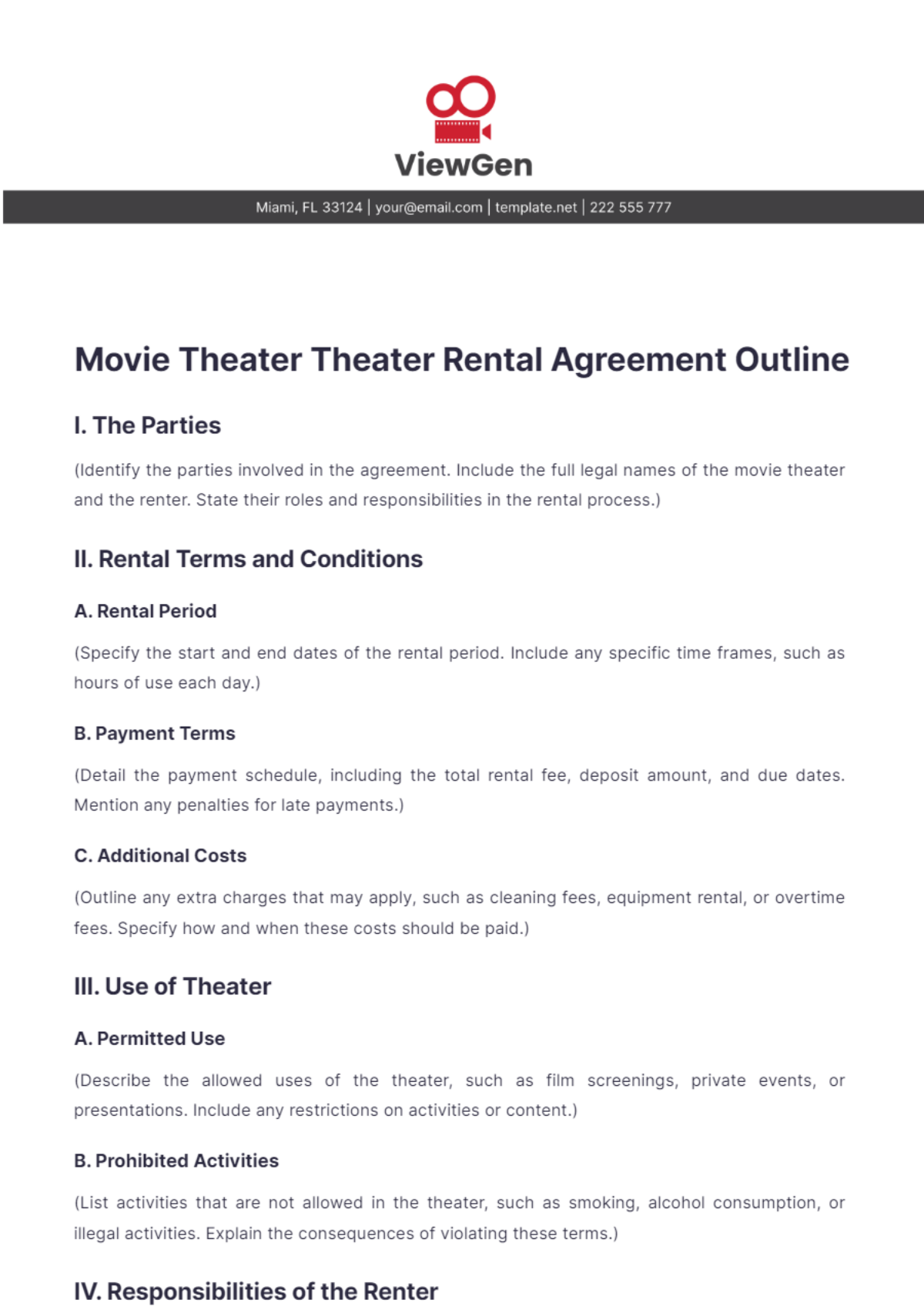 Movie Theater Theater Rental Agreement Outline Template - Edit Online & Download