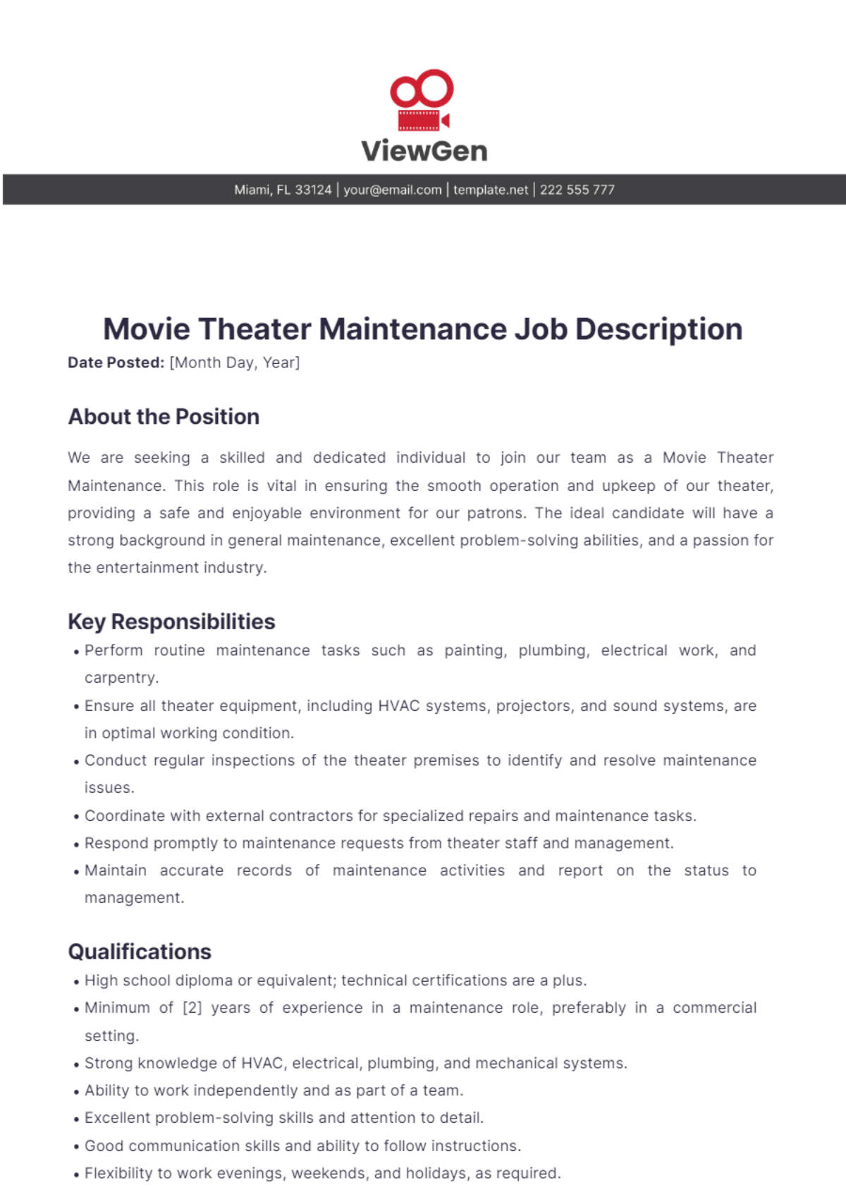 Movie Theater Maintenance Job Description Template - Edit Online & Download