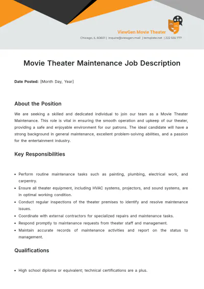 Free Movie Theater Maintenance Job Description Template to Edit Online