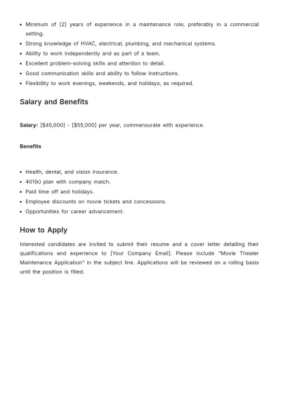 Free Movie Theater Maintenance Job Description Template to Edit Online
