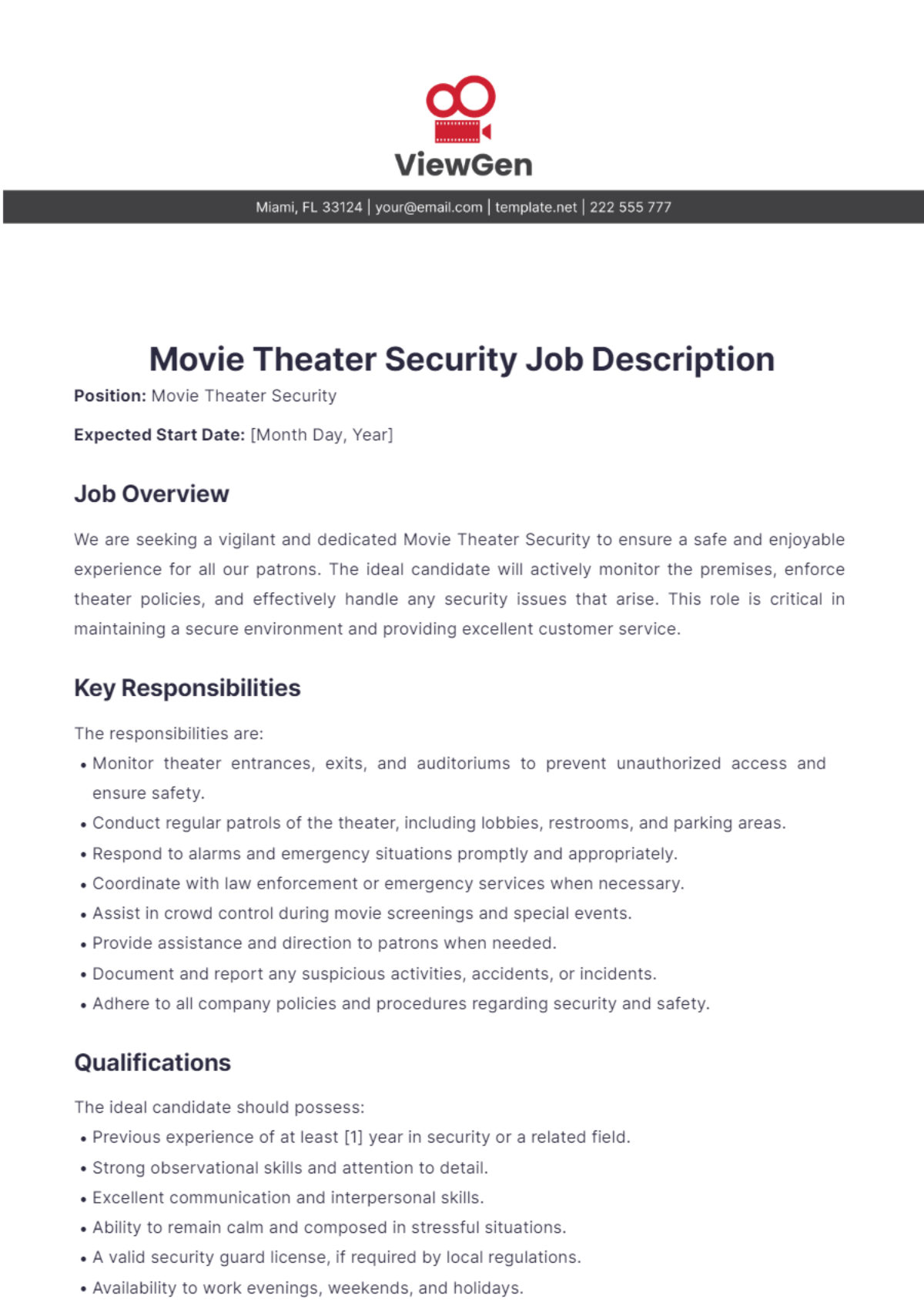 Movie Theater Security Job Description Template - Edit Online & Download