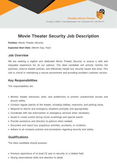 Free Movie Theater Security Job Description Template to Edit Online