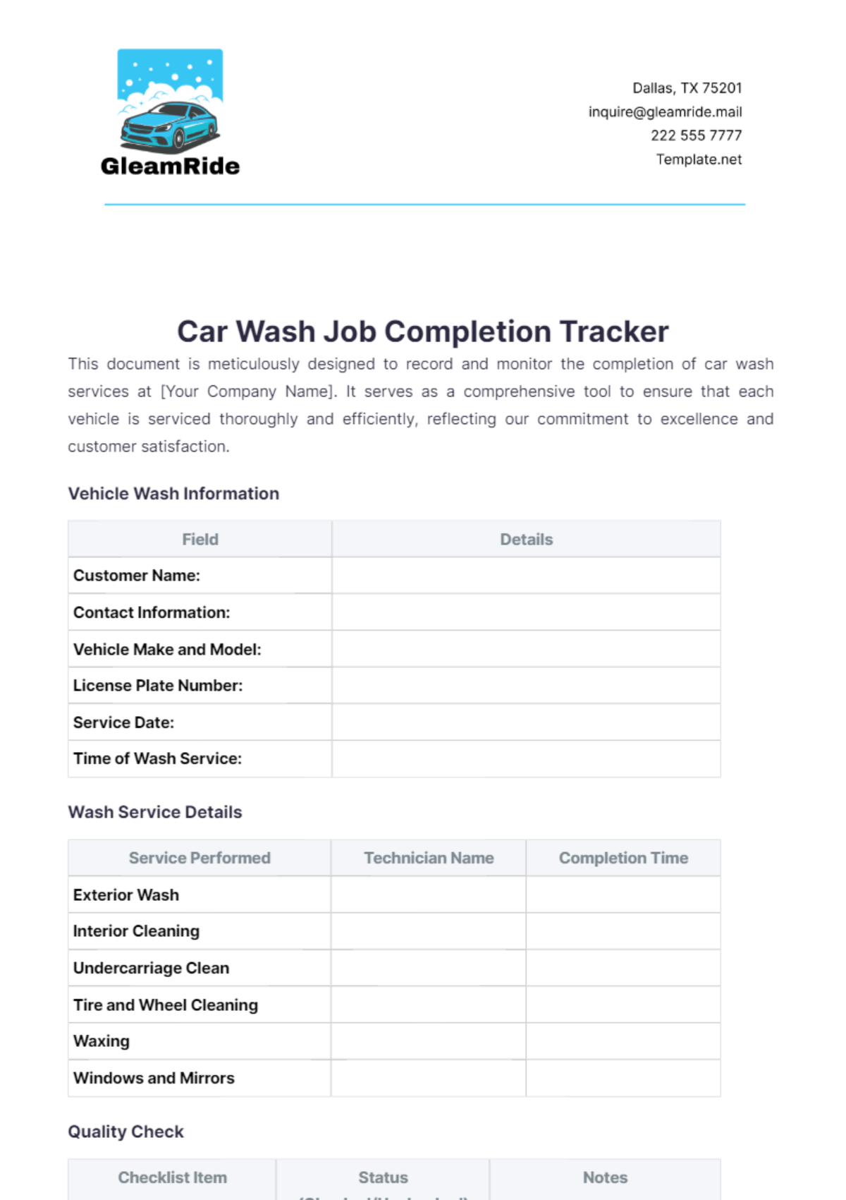 Car Wash Job Completion Tracker Template - Edit Online & Download