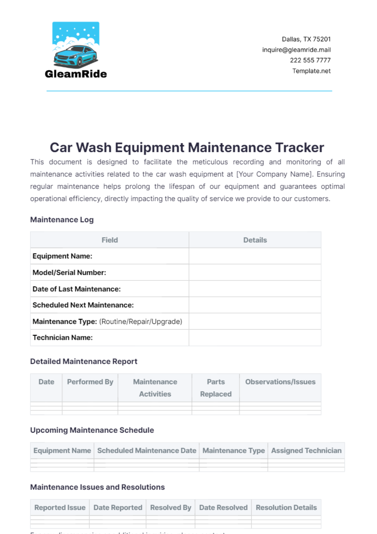 Car Wash Equipment Maintenance Tracker Template - Edit Online & Download