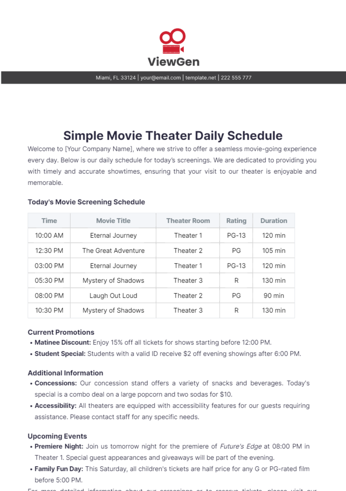 Simple Movie Theater Daily Schedule Template | Template.net