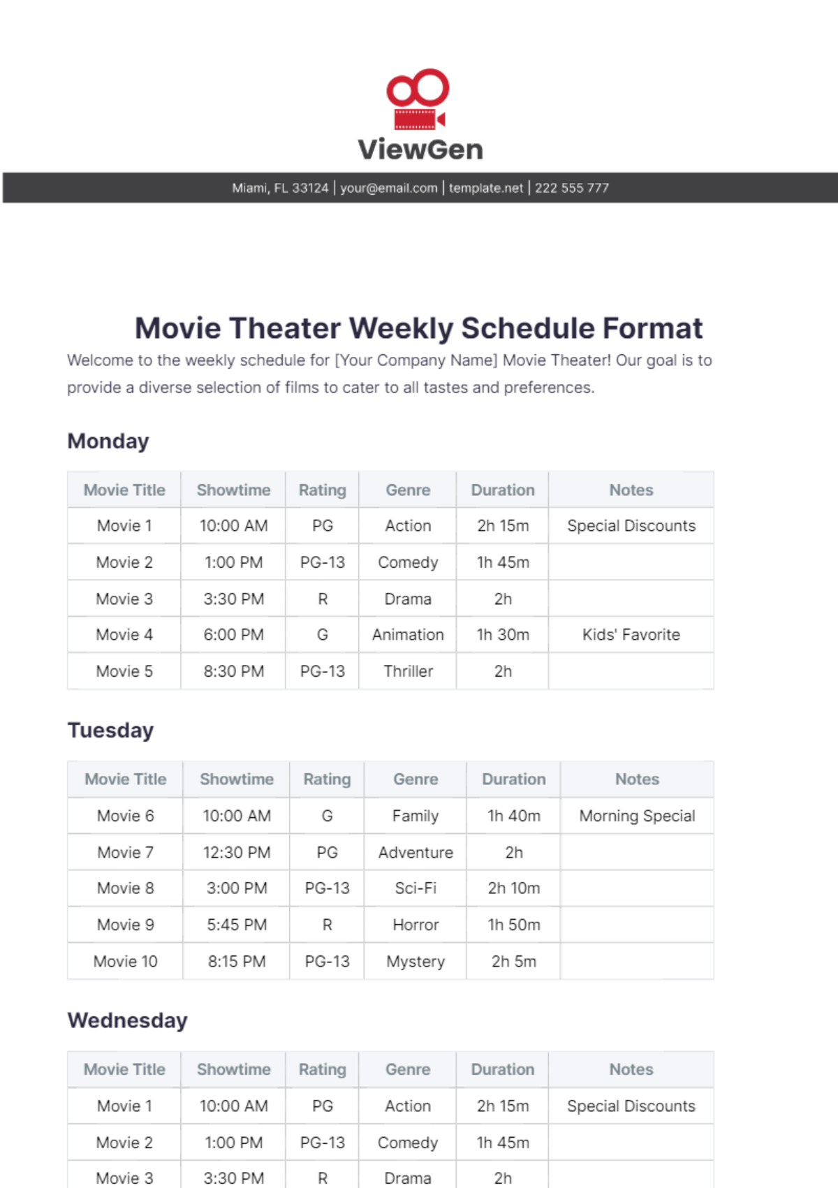 Movie Theater Weekly Schedule Format Template - Edit Online & Download