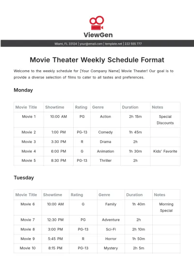 Free Movie Theater Weekly Schedule Format Template to Edit Online