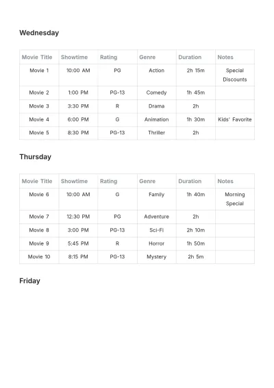 Free Movie Theater Weekly Schedule Format Template to Edit Online