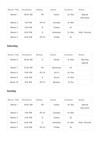Free Movie Theater Weekly Schedule Format Template to Edit Online
