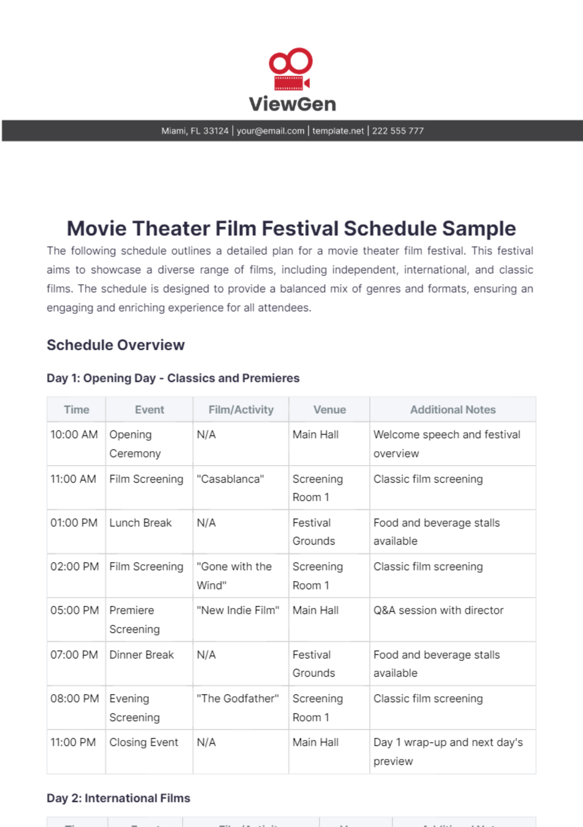 Movie Theater Film Festival Schedule Sample Template - Edit Online & Download