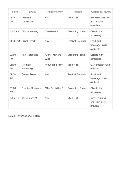 Free Movie Theater Film Festival Schedule Sample Template to Edit Online