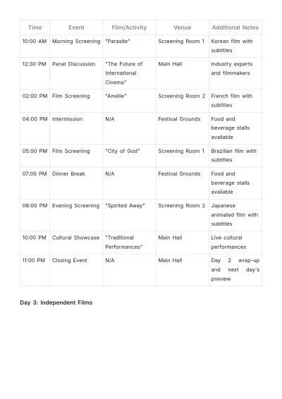 Free Movie Theater Film Festival Schedule Sample Template to Edit Online