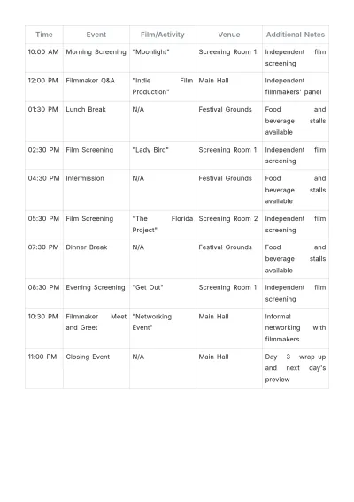 Free Movie Theater Film Festival Schedule Sample Template to Edit Online