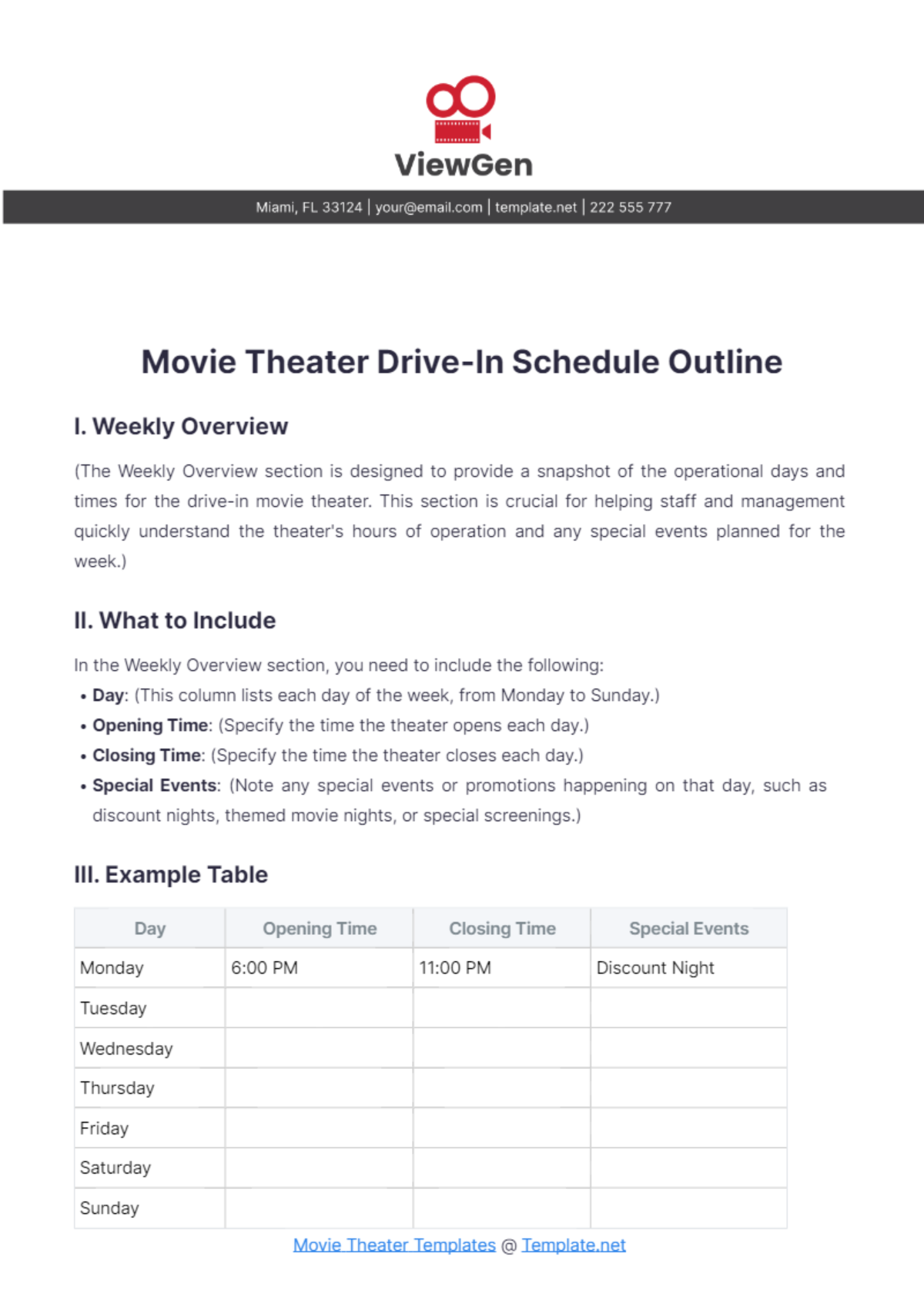 Movie Theater Drive-In Schedule Outline Template - Edit Online & Download