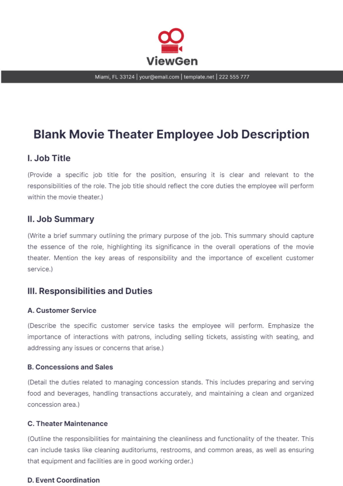 Blank Movie Theater Employee Job Description Template - Edit Online & Download