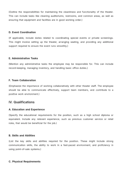 Free Blank Movie Theater Employee Job Description Template to Edit Online
