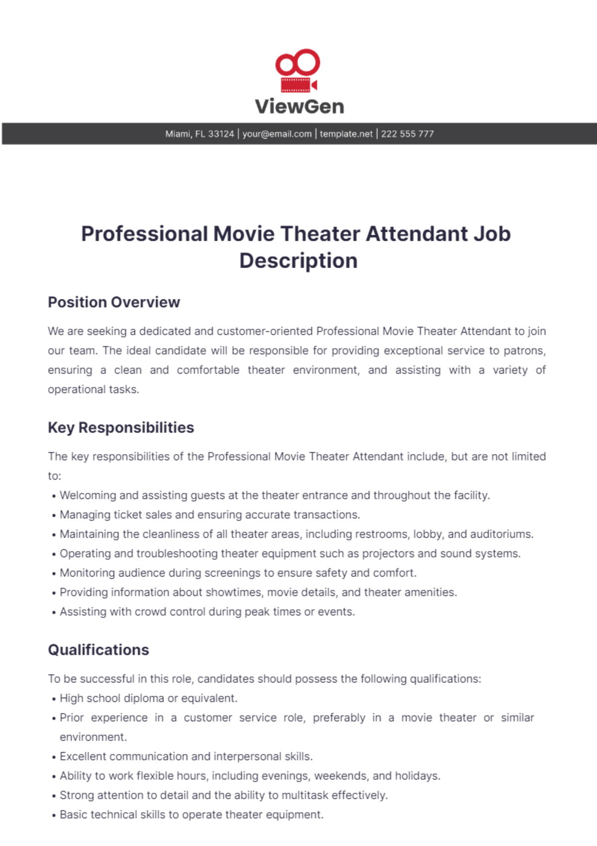 Professional Movie Theater Attendant Job Description Template - Edit Online & Download