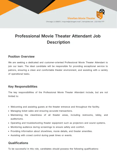 Free Professional Movie Theater Attendant Job Description Template to Edit Online