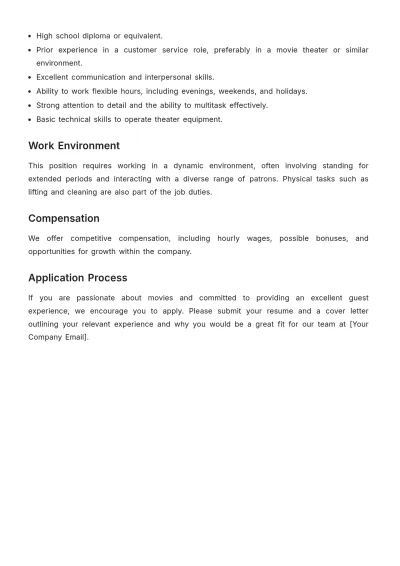 Free Professional Movie Theater Attendant Job Description Template to Edit Online