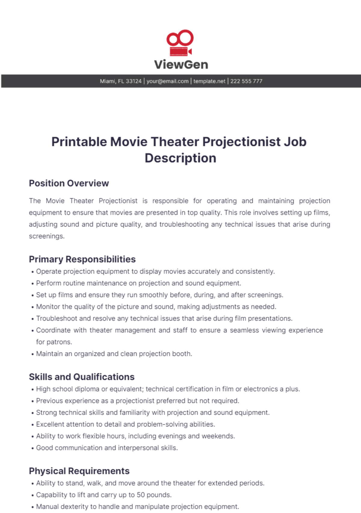 Printable Movie Theater Projectionist Job Description Template - Edit Online & Download