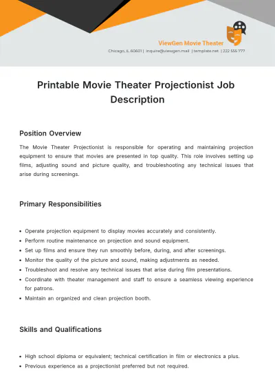 Free Printable Movie Theater Projectionist Job Description Template to Edit Online
