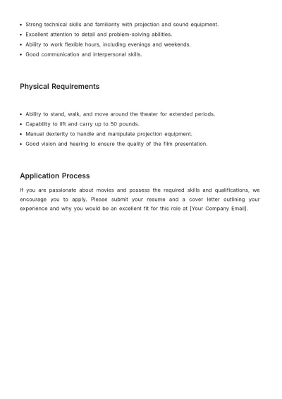 Free Printable Movie Theater Projectionist Job Description Template to Edit Online