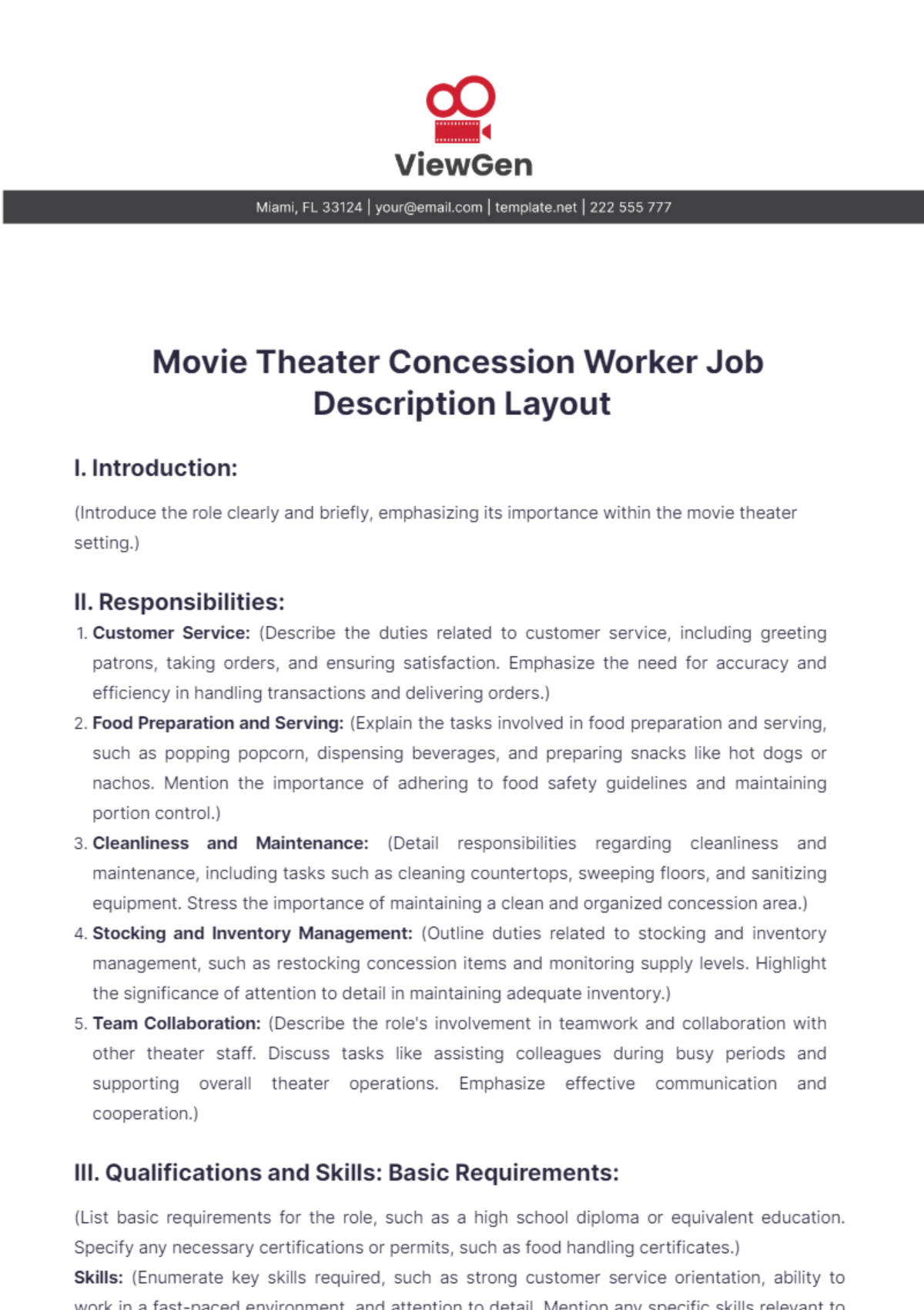 Movie Theater Concession Worker Job Description Layout Template - Edit Online & Download