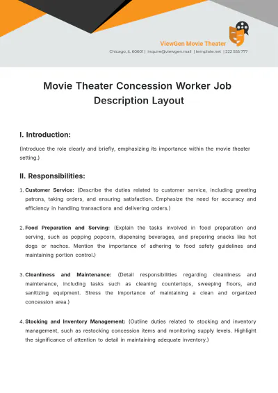 Free Movie Theater Concession Worker Job Description Layout Template to Edit Online