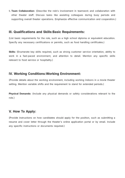 Free Movie Theater Concession Worker Job Description Layout Template to Edit Online