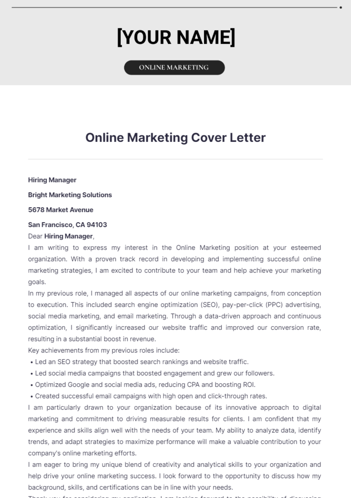 Online Marketing Cover Letter - Edit Online & Download