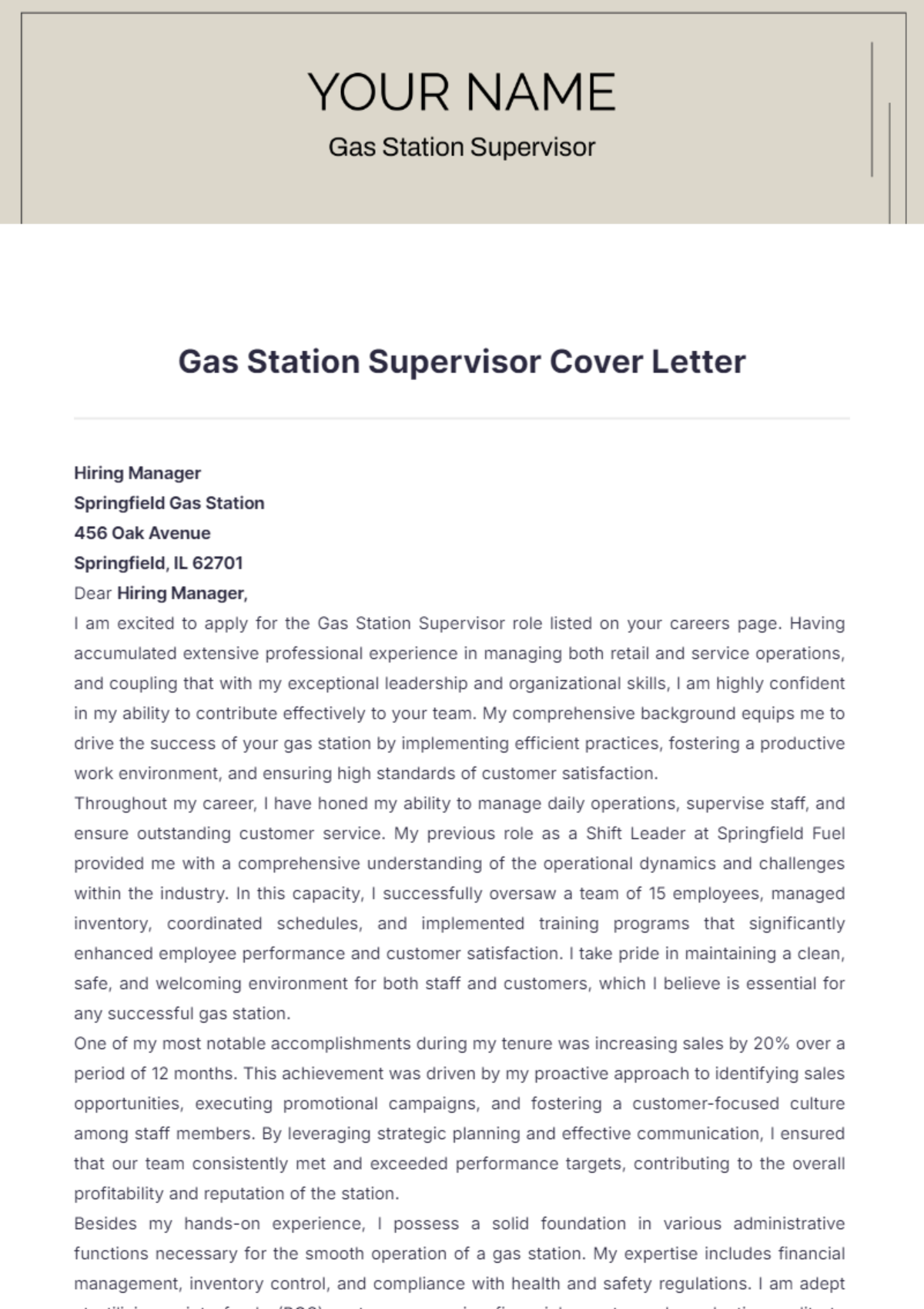 Gas Station Supervisor Cover Letter - Edit Online & Download