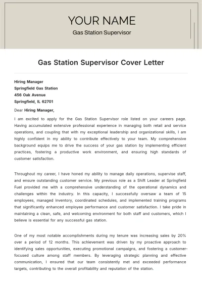 Free Gas Station Supervisor Cover Letter to Edit Online