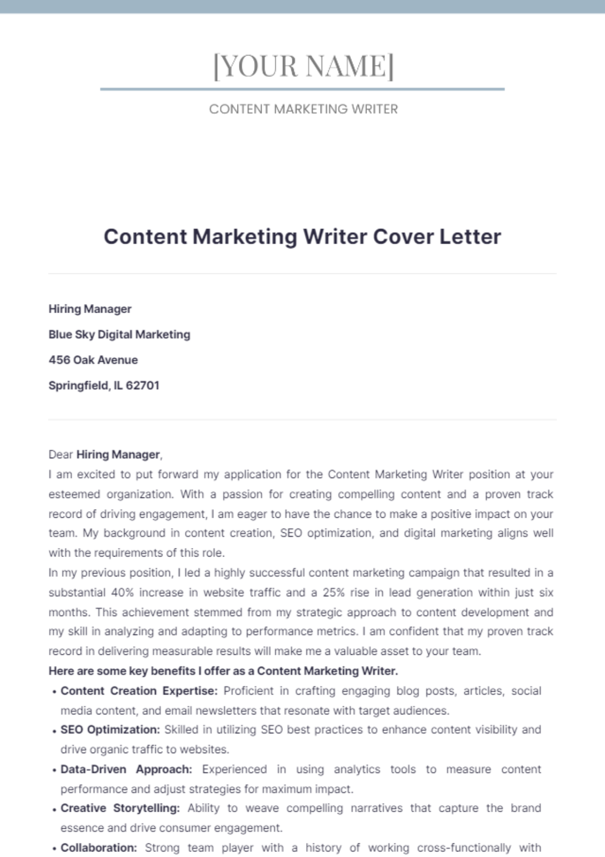 Content Marketing Writer Cover Letter - Edit Online & Download