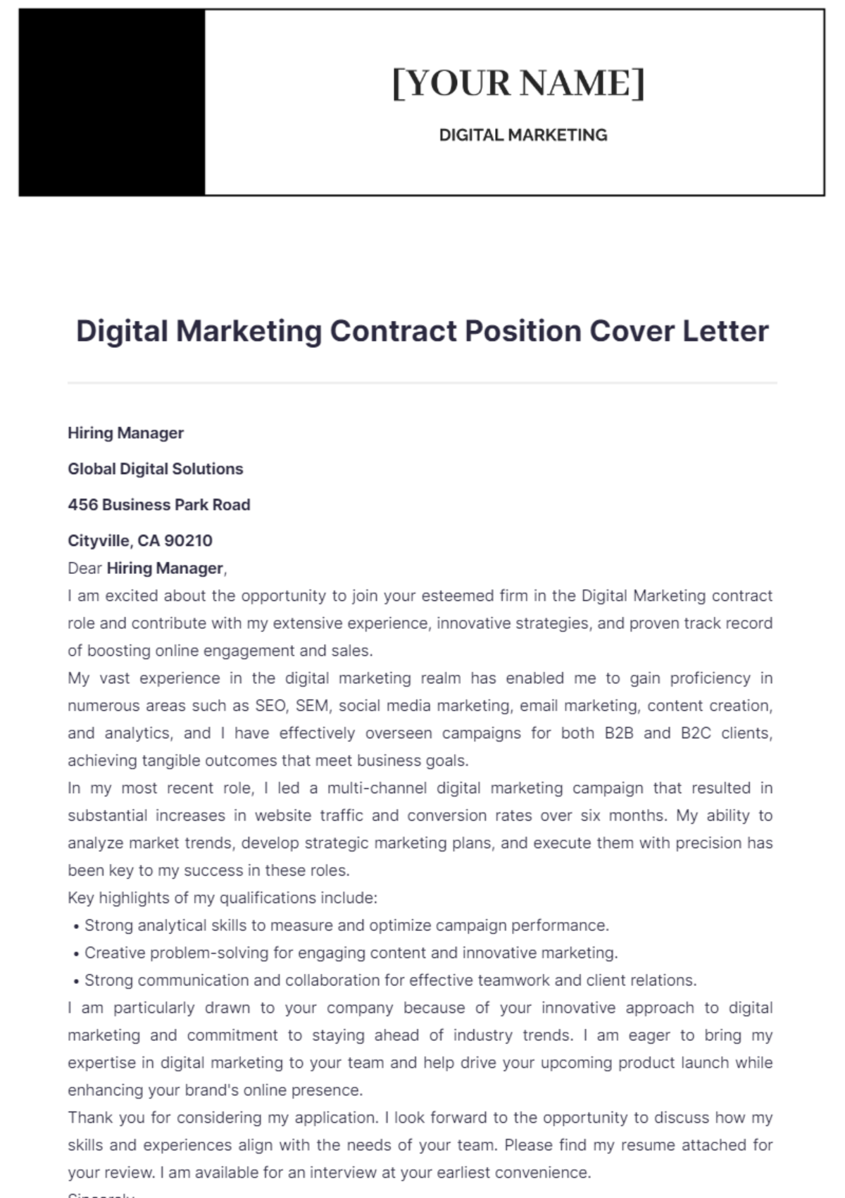 Digital Marketing Contract Position Cover Letter - Edit Online & Download