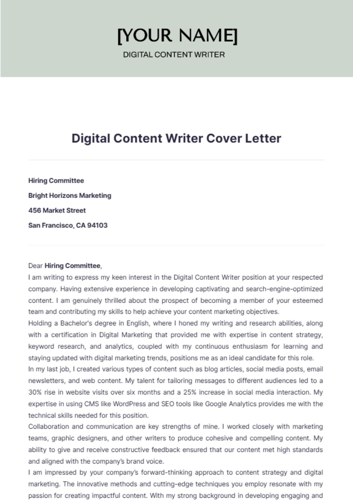 Digital Content Writer Cover Letter - Edit Online & Download