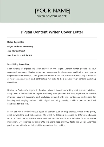 Free Digital Content Writer Cover Letter to Edit Online