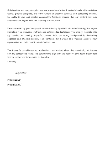 Free Digital Content Writer Cover Letter to Edit Online