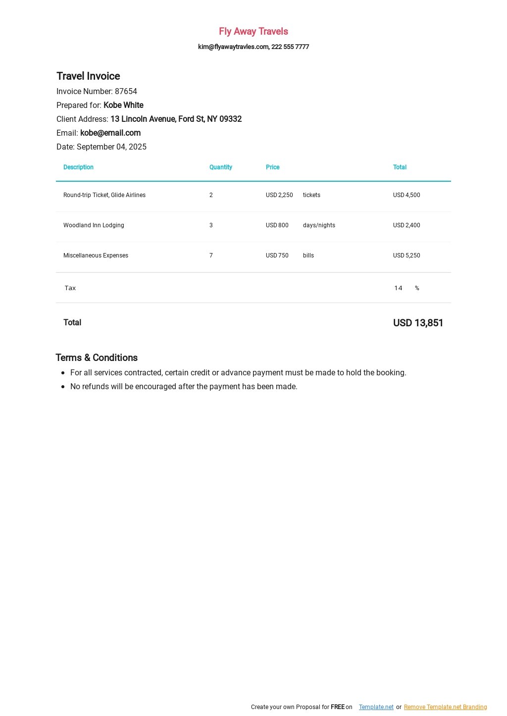 Travel Service Invoice Template in Google Docs, Google Sheets, Excel