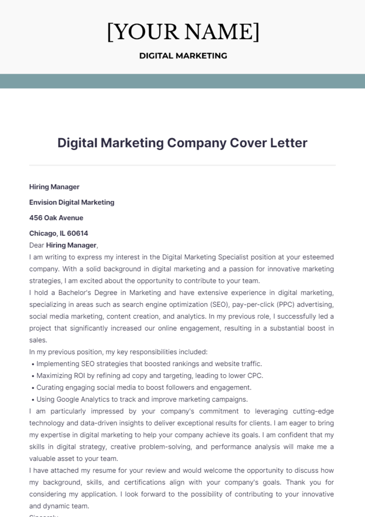 Digital Marketing Company Cover Letter - Edit Online & Download