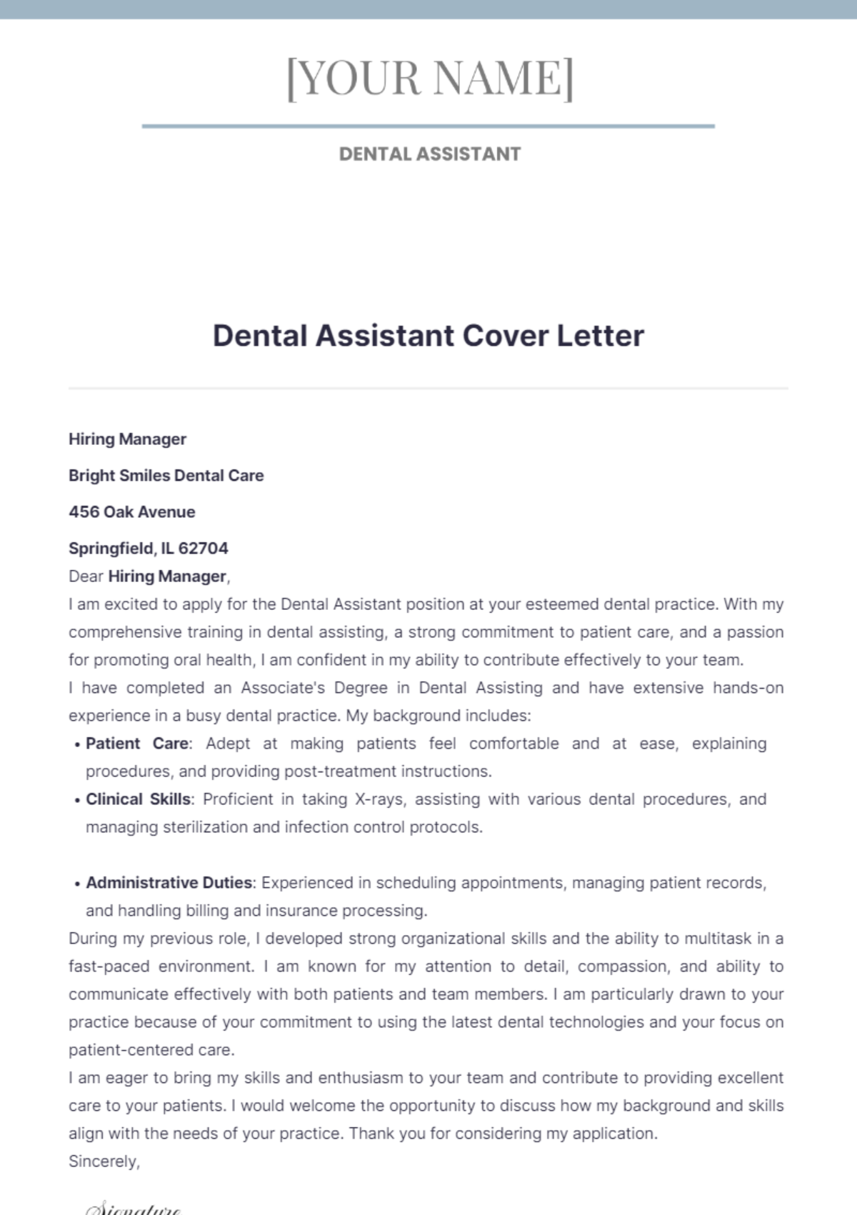 Dental Assistant Cover Letter - Edit Online & Download