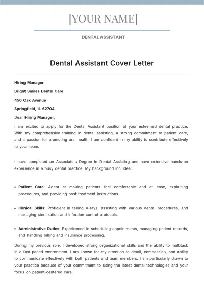 Free Dental Assistant Cover Letter to Edit Online