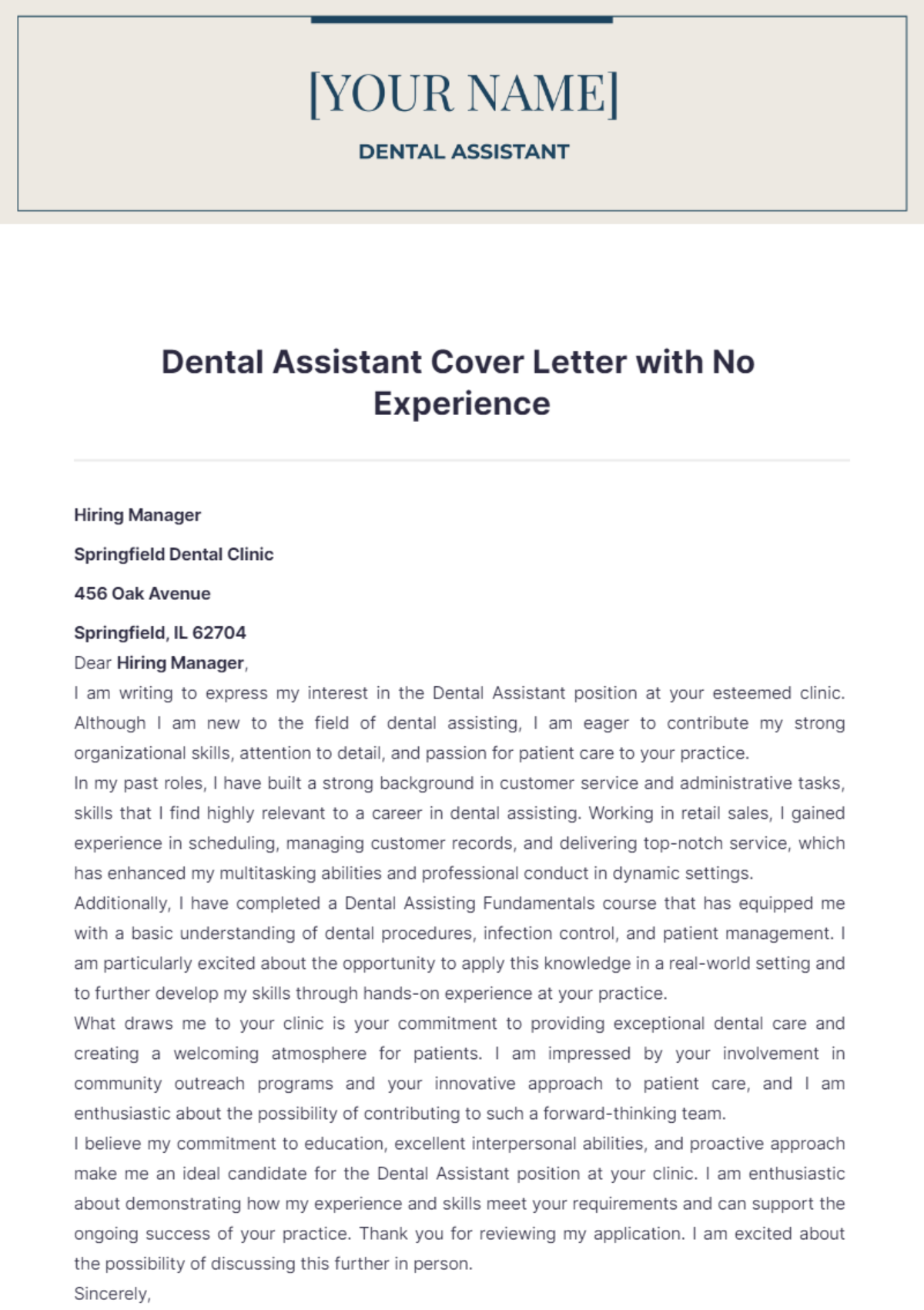 Dental Assistant Cover Letter with No Experience - Edit Online & Download