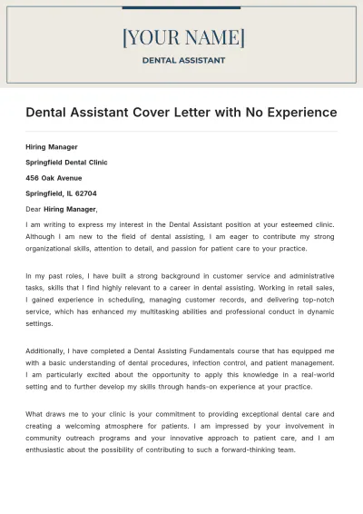 Free Dental Assistant Cover Letter with No Experience to Edit Online