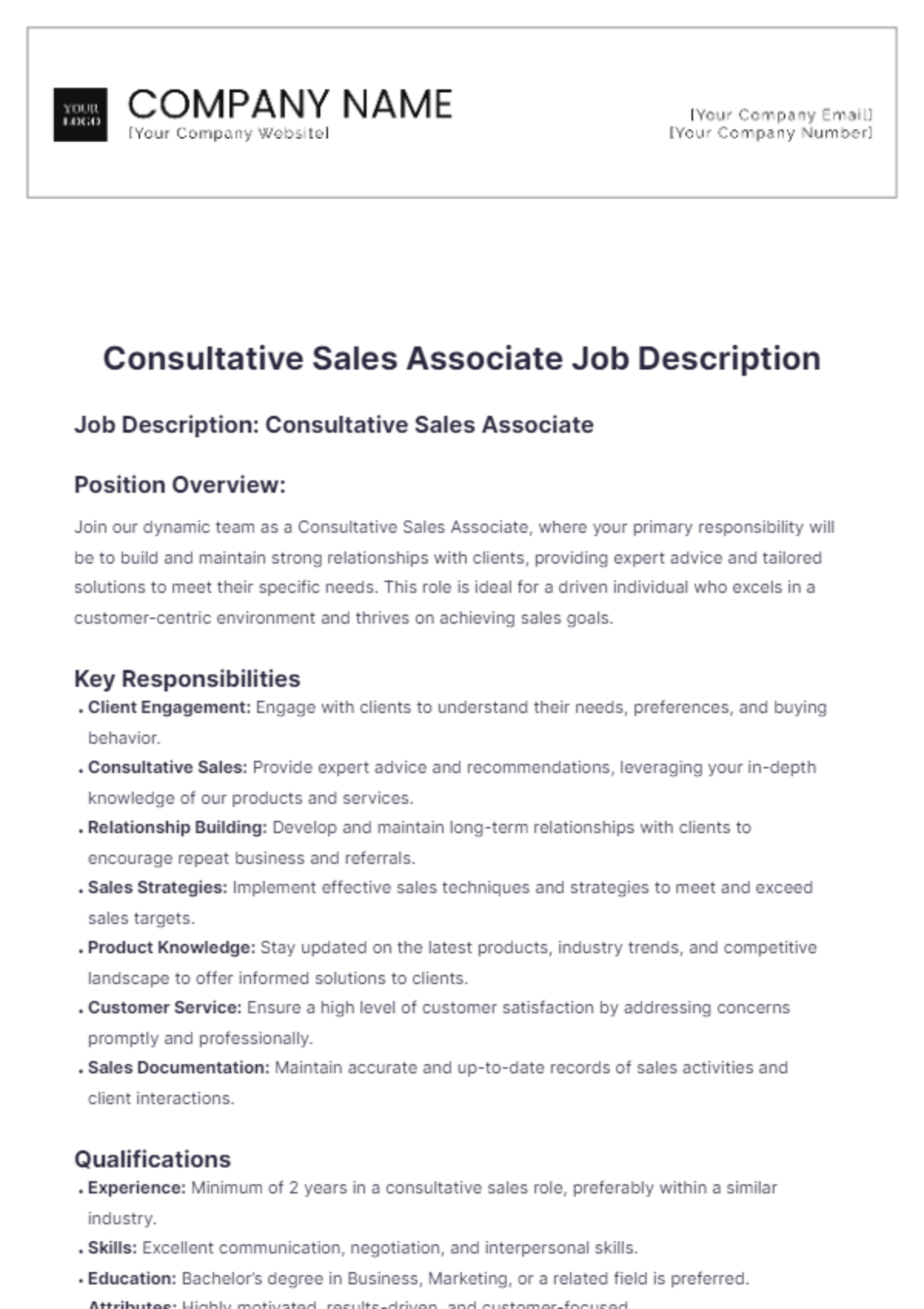 Consultative Sales Associate Job Description