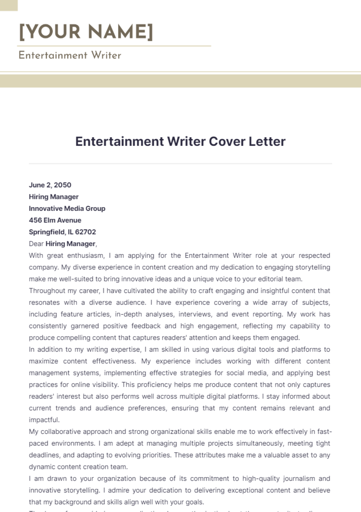 Entertainment Writer Cover Letter - Edit Online & Download