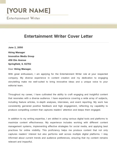 Free Entertainment Writer Cover Letter to Edit Online